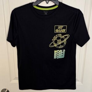 EUC Boys Old Navy Black Tee with Soccer and Planet Graphic